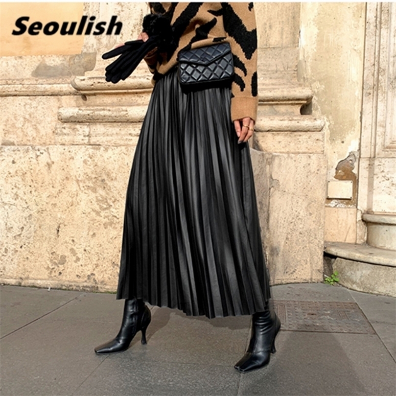 Seoulish Autumn Winter Faux PU Leather Pleated Long Skirts for Women High Waist All-match Umbrella Chic Female 220317