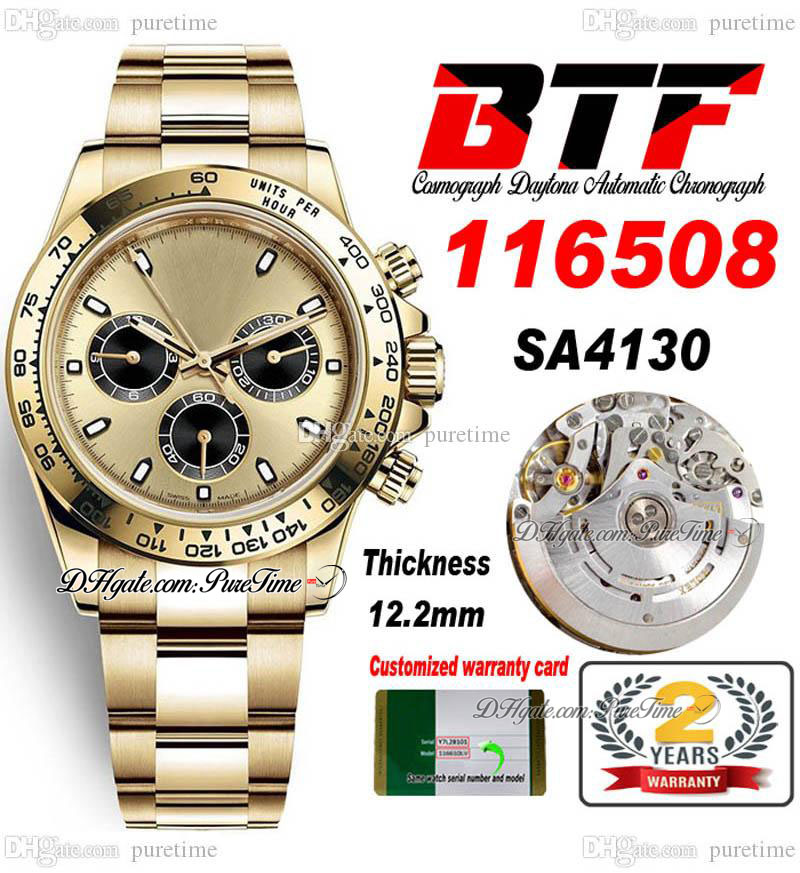 BTF Better Factory SA4130 Automatic Chronograph Mens Watch 18K Yellow Gold Champagne Black Stick Dial 904L Oystersteel Bracelet Super Edition TH 12.2mm Puretime D4, Customized nfc warranty card
BTF Better Factory SA4130 Automatic Chronograph Mens Watch 18K Yellow Gold Champagne Black Stick Dial 904L Oystersteel Bracelet Super Edition TH 12.2mm Puretime D4, Customized nfc warranty card
