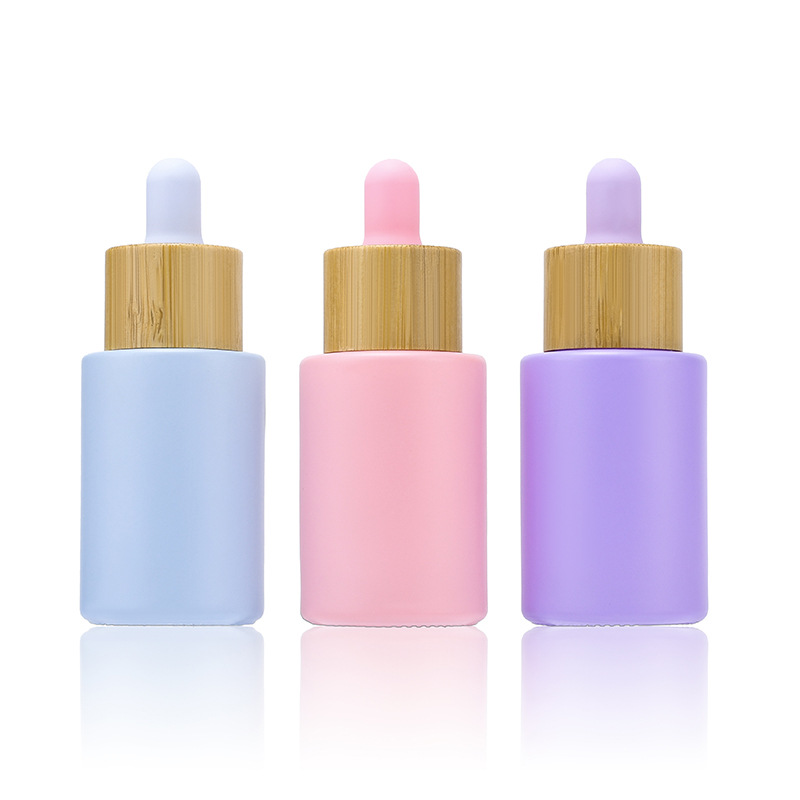 30ml Flat Shoulder Glass Essential Oil Perfume Bottles Transparent Amber Frosted 1oz Eye Dropper Bottle with Bamboo Cap