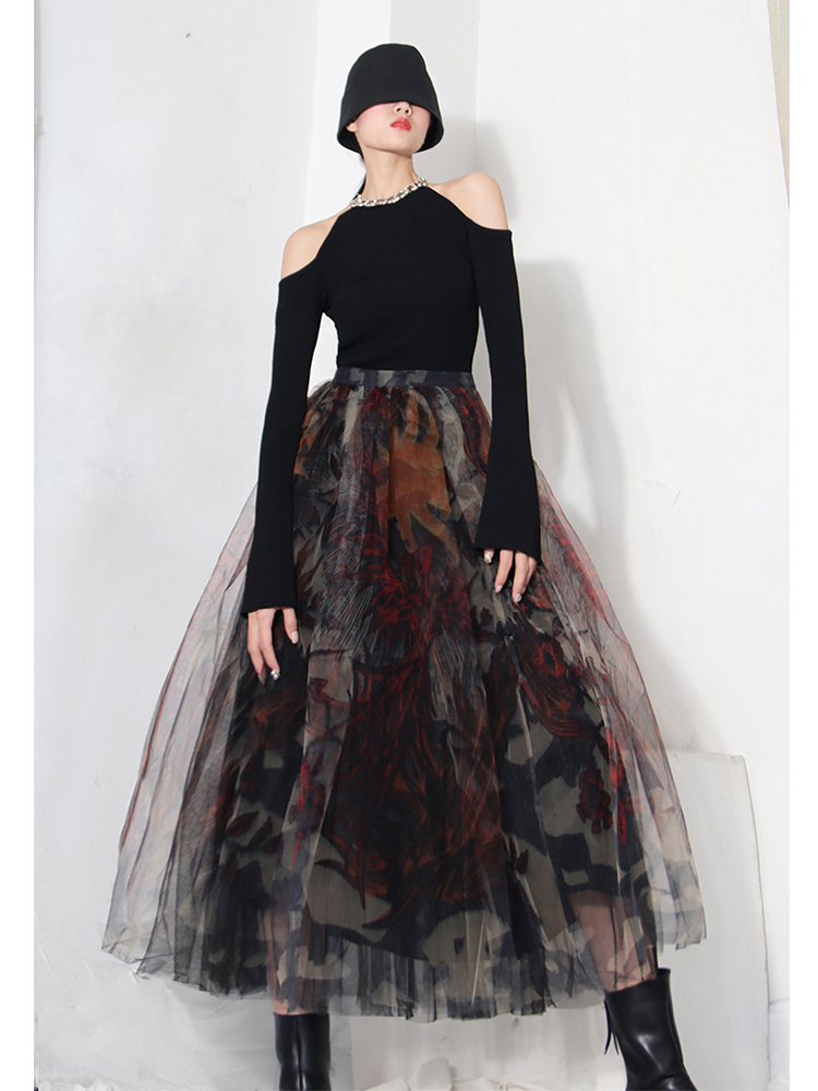 LANMREM High Waist All-match Irregular Skirt For Women Dream Printing Lace Mesh Long Spring Summer Streetwear 2D1323 220322