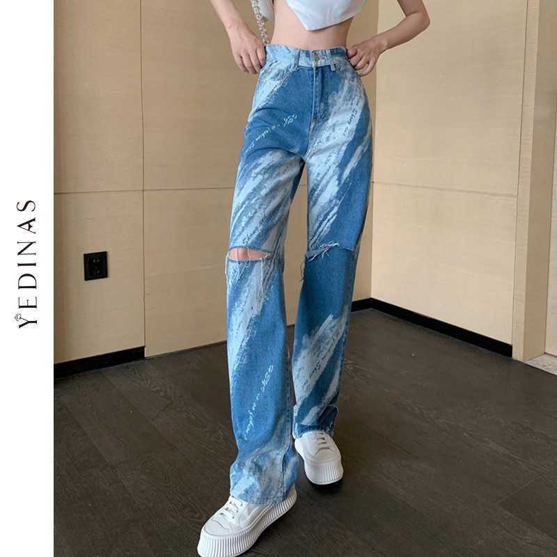 Yedinas 90s Egirl Tiedye Blue Jeans Color Painting Pattern Women Straight Chic Bf Denim Pants Full Length Hole Trousers 210527