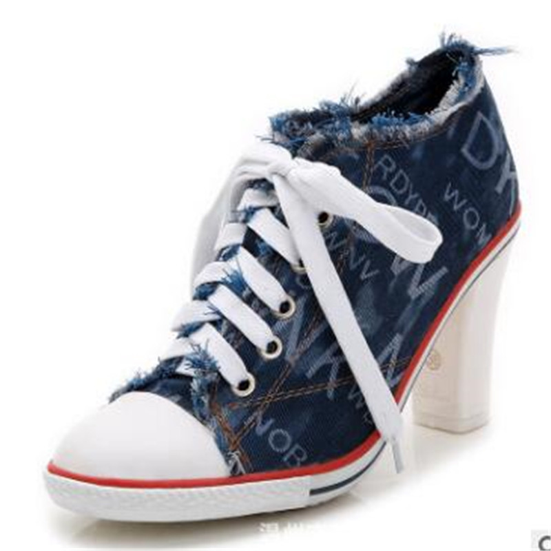 Women's Denim High Heels Rivets Shoes Female Canvas Pumps Lady's Boots Ankle Lace-Up Thick Heel and Thin 220328