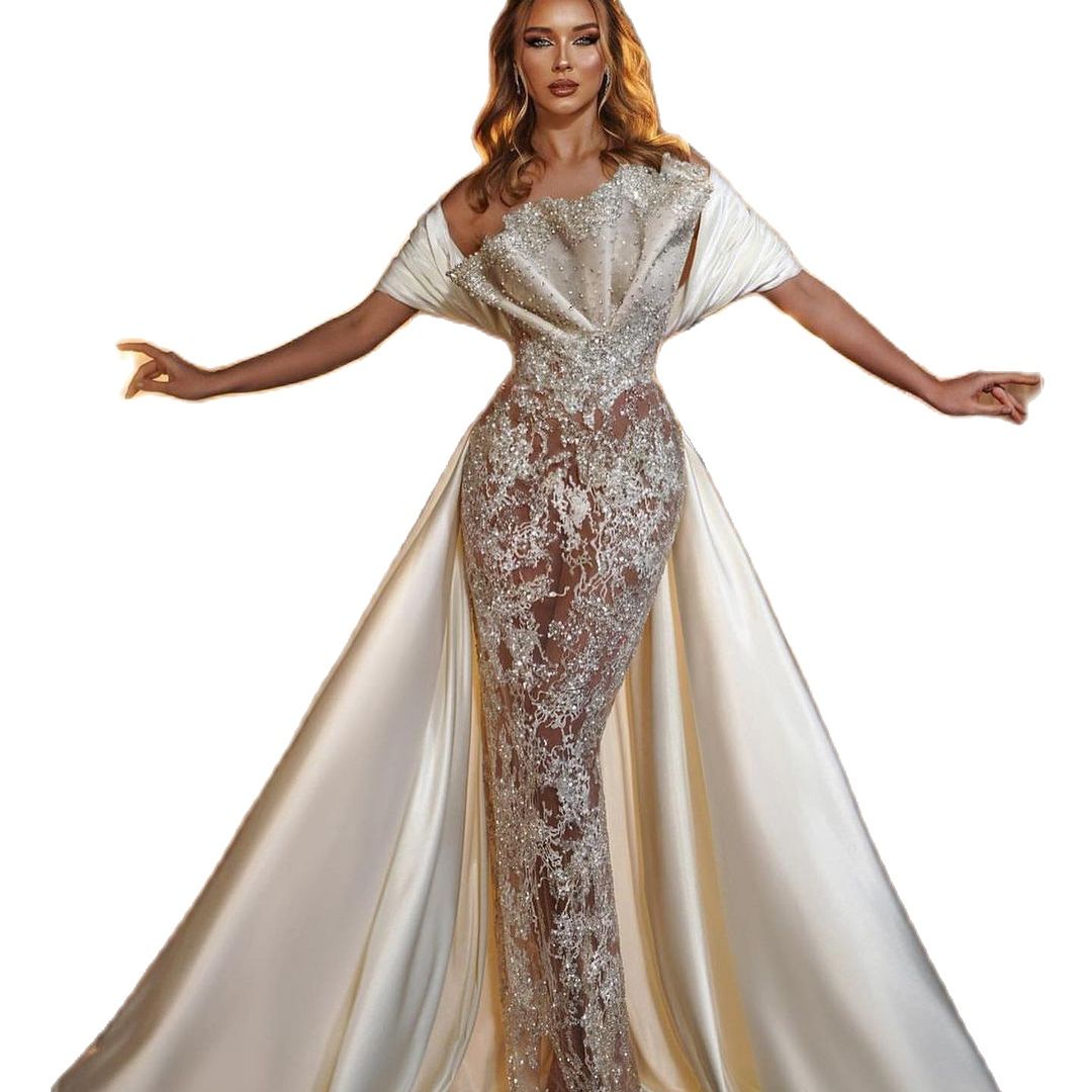 Vintage Crystal Dubai Mermaid Wedding Dress Sexy See Through Sheer Neck Off Shoulder Sequins Lace Bridal Gowns