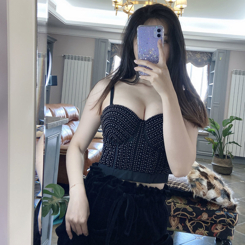 Sexy Pearls Cropped Tops Women Bustier White Tank Rave Festival Club Party Underwear Camis 220325