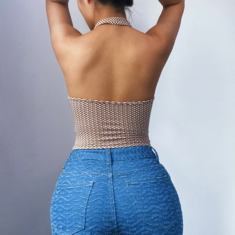 Summer Corset Camisole Tank Top Women Knitted Skinny Halter Plaid Backless Sexy Cropped Tanks Camis Tee Shirt Femme T-shirt 220325