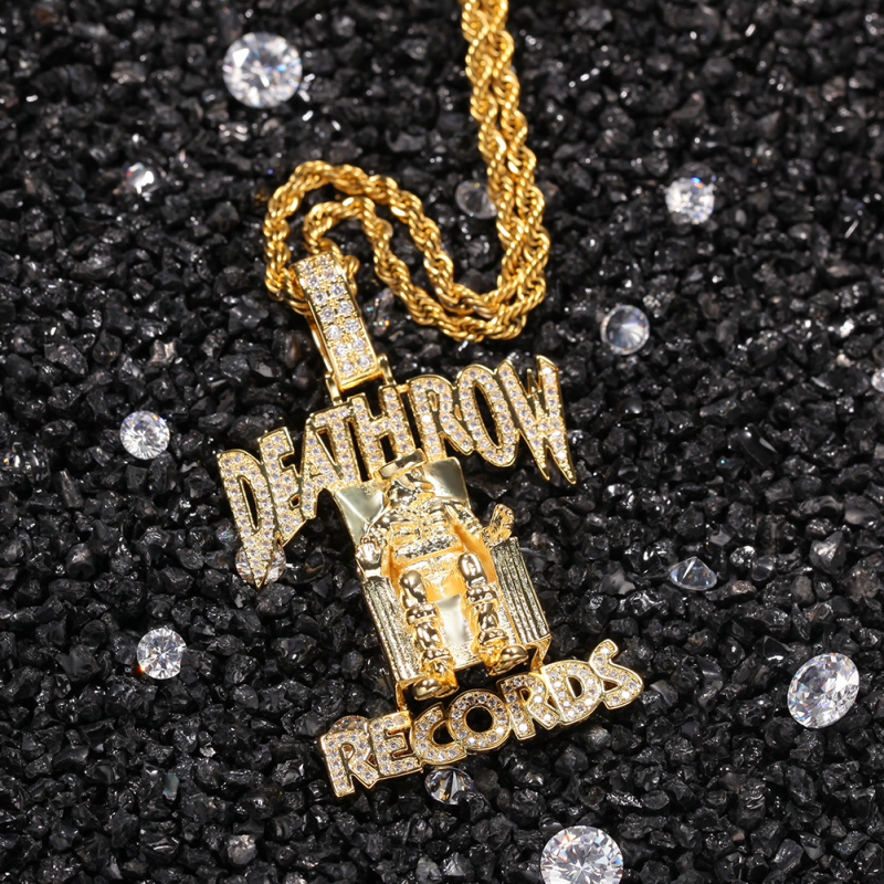 Fashion Hip Hop Rock Style CZ DEATHROW Pendant Necklace Gold Stainless Steel Chain Necklace for Cool Men