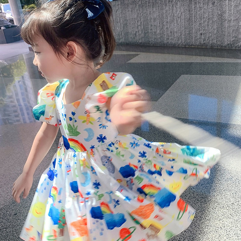 Summer Girls Dress Puff Sleeve Casual Cartoon Party Princess Dress Cute Childrens Wear Baby Kids Girls Clothing 220707