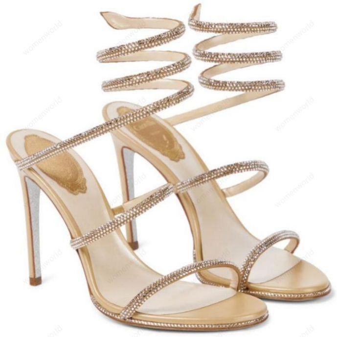 

RENE CAOVILLA Cleo open toe sandals crystal embellished spiral snake tail sandals twining rhinestone sandal women Top quality Hot Blue Gold stiletto heels shoes, Only a boxes