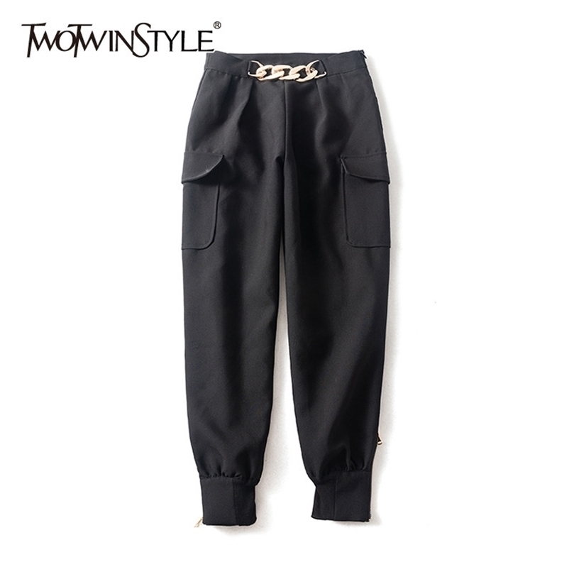 TWOTWINSTYLE Casual Cargo Pants For Women High Waist Patchwork Chain Large Size Loose Trousers Female Autumn Fashion 201228, Black
TWOTWINSTYLE Casual Cargo Pants For Women High Waist Patchwork Chain Large Size Loose Trousers Female Autumn Fashion 201228, Black
