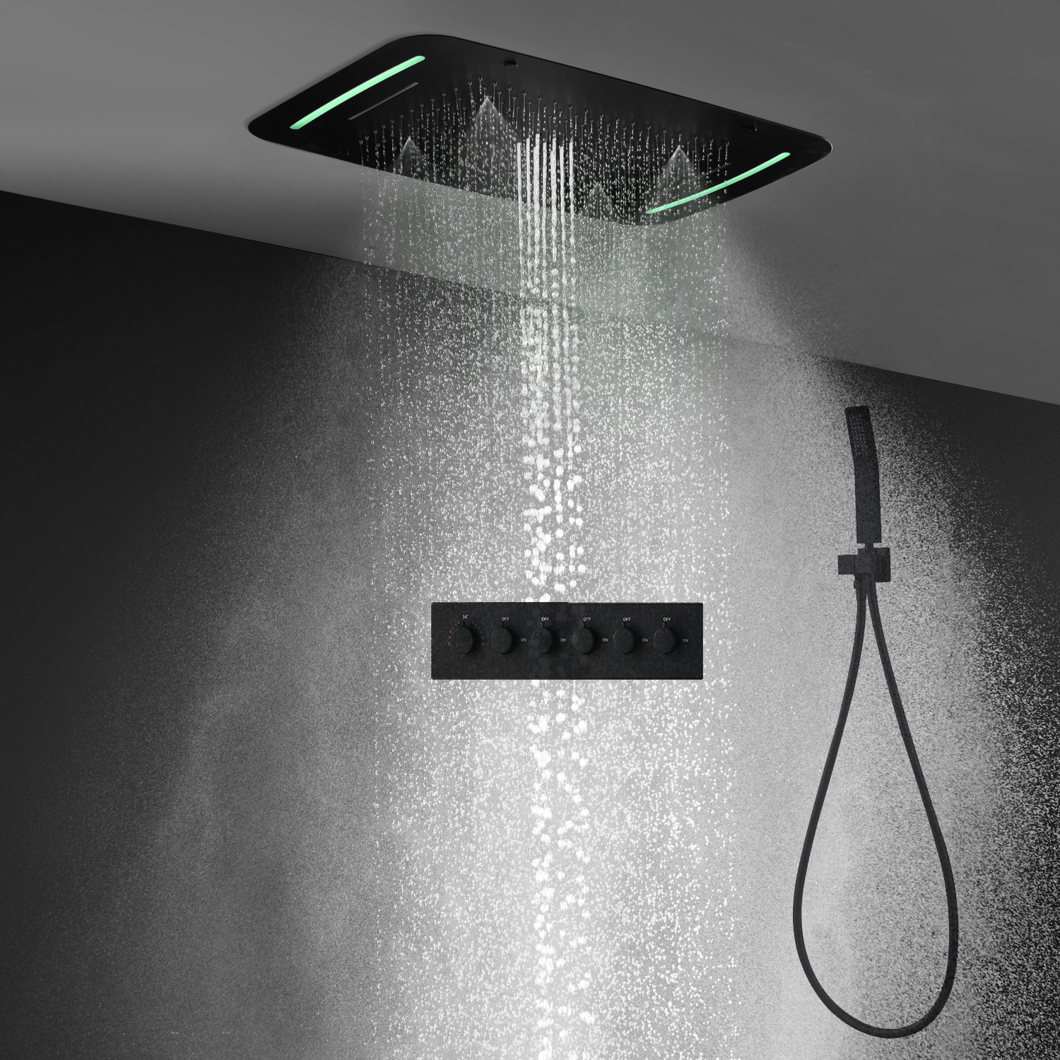 Bathroom Accessories 5 Functions Black Shower set Ceiling Big LED Rainfall Showerhead Kits 710X430MM Thermostatic Mixer Faucets