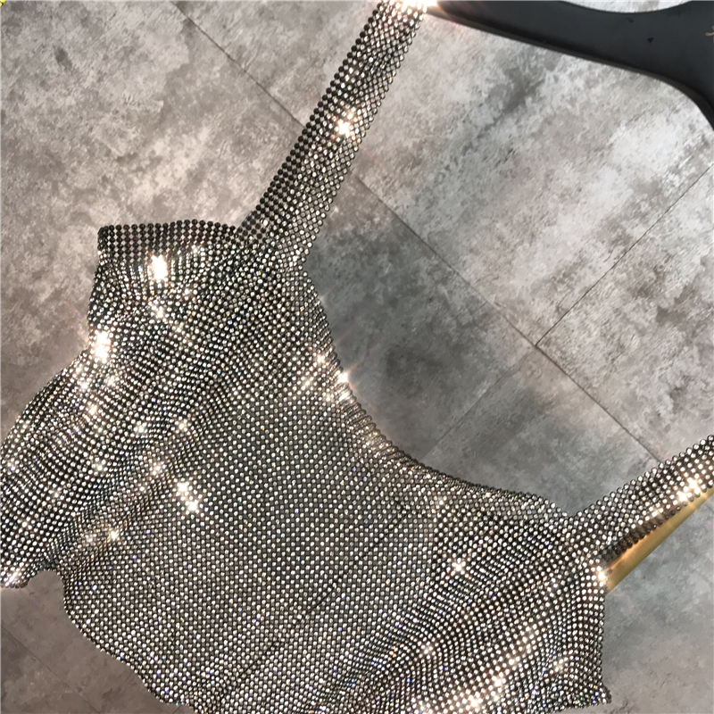 New fashion womens sexy club party full rhinestone patched bck hollow out shinny bling spaghetti strap vest crop top tank camisole