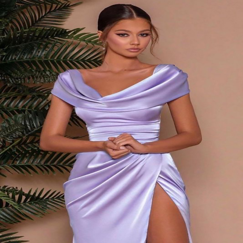 Sexy Lilac Prom Dresses With Slit Off The Shoulder Silk Satin Long Mermaid Evening Dress Party Wear Plus Size Women Robe De Soiree Pleat Formal Vestid