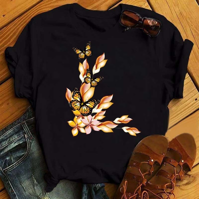 Women Flower Butterfly Fashion Print T Shirt Casual Short Sleeve Ladies T Tee Female Top Shirt Clothes Womens Graphic Tshirt 220527