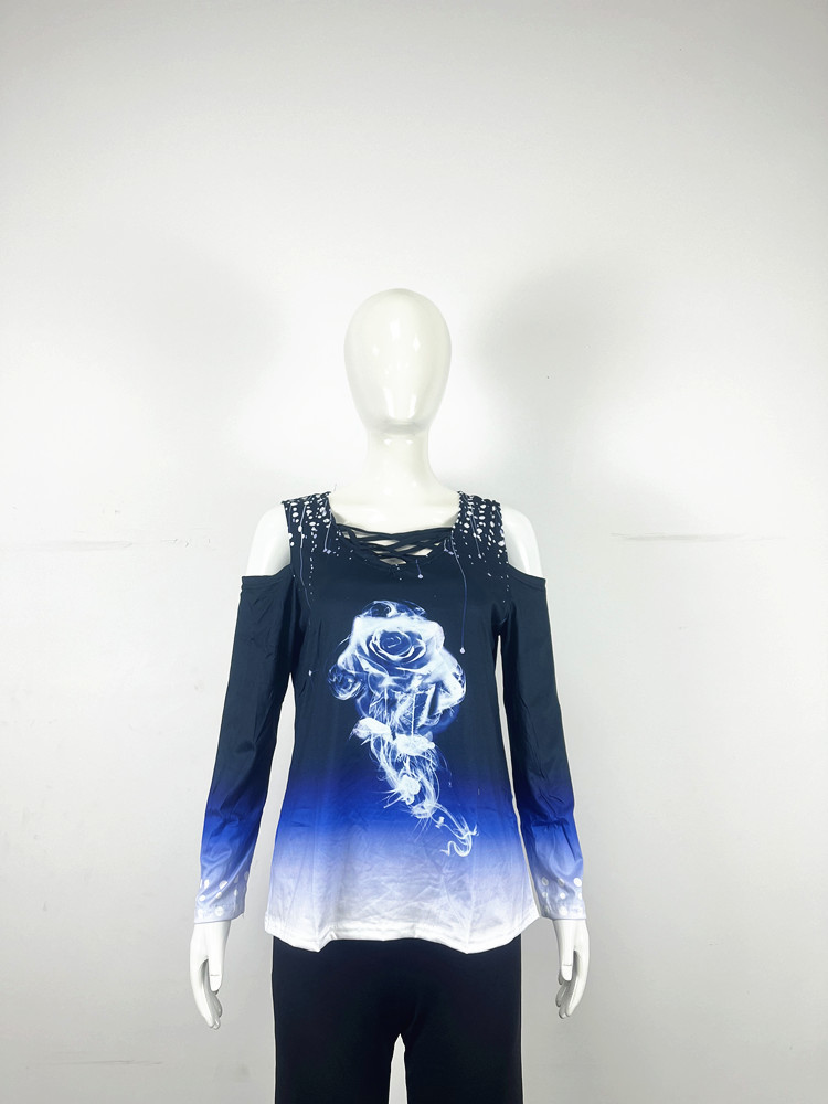 SNAKE YX Women s Cross neck Rose Print Off shoulder Slim Long sleeved Top Oversized T shirt 220714