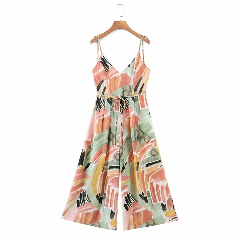 PUED Oversize Women V Neck Bow Lace Rompers Summer Fashion Ladies Beach Style Loose Female Water Print Jumpsuit 210515