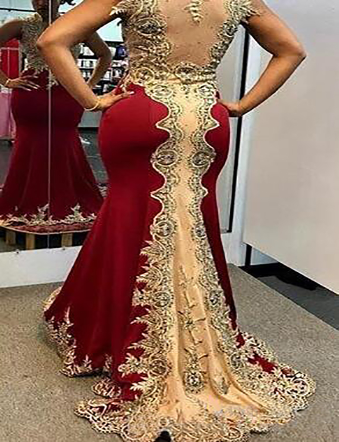 Arabic Style Burgundy and Gold Evening Dresses Sweep Train Cap Sleeve Applique Beaded Mermaid Formal Prom Party Gowns Robe De Soiree