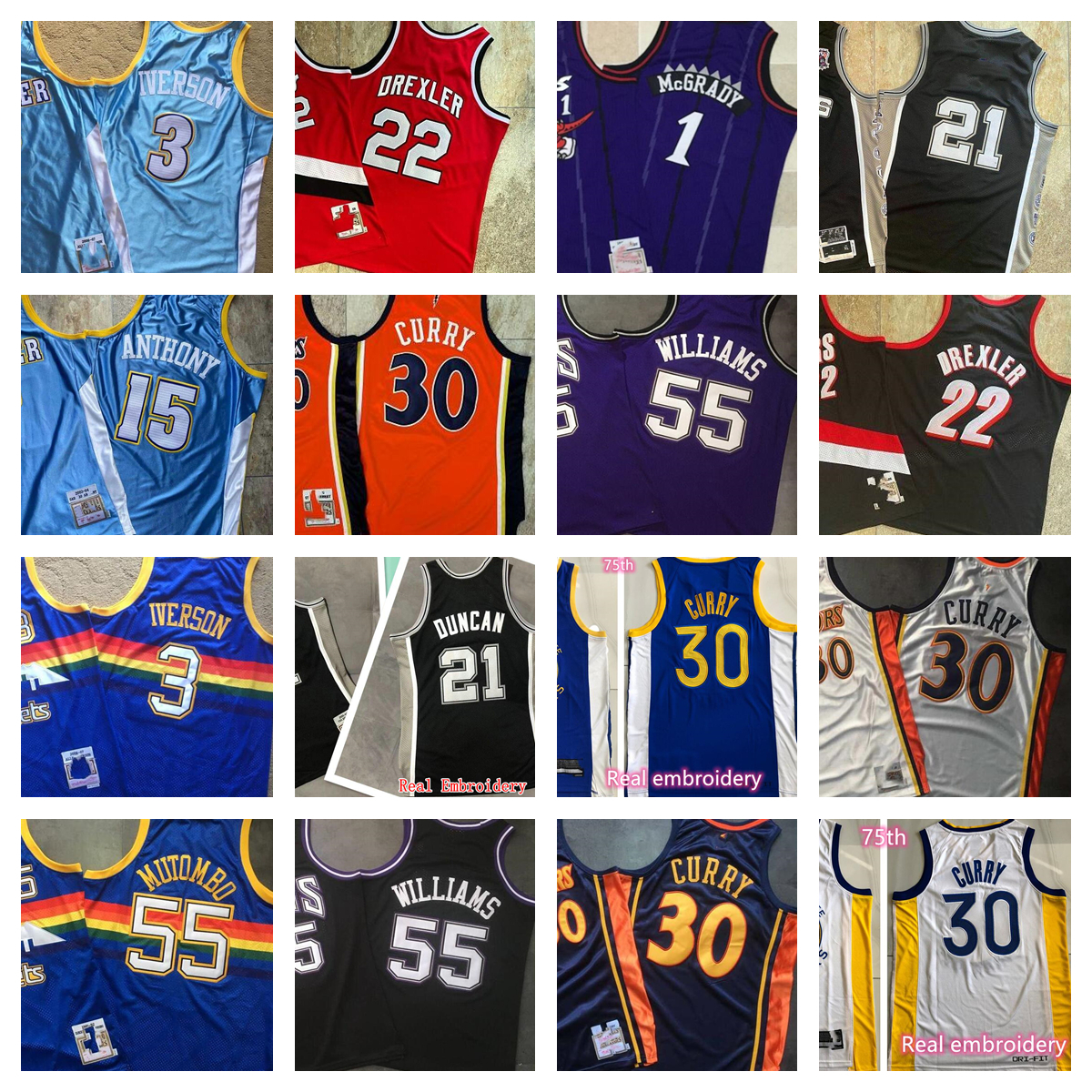 Authentic Stitched Retro Mitchell and Ness Basketball Jerseys Carmelo Anthony Iverson Mutombo Stephen Curry Allen Iverson Clyde Drexler Jason Williams Tim Duncan, Same as picture
Authentic Stitched Retro Mitchell and Ness Basketball Jerseys Carmelo Anthony Iverson Mutombo Stephen Curry Allen Iverson Clyde Drexler Jason Williams Tim Duncan, Same as picture
