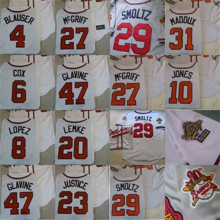 

Sj98 1995 World Series Jersey 10 Chipper Jones 4 Jeff Blauser 6 Bobby Cox 8 Javier Lopez 20 Mark Lemke 23 Fred McGriff 29 Smoltz 31 Maddux 47 Tom, 31 grey