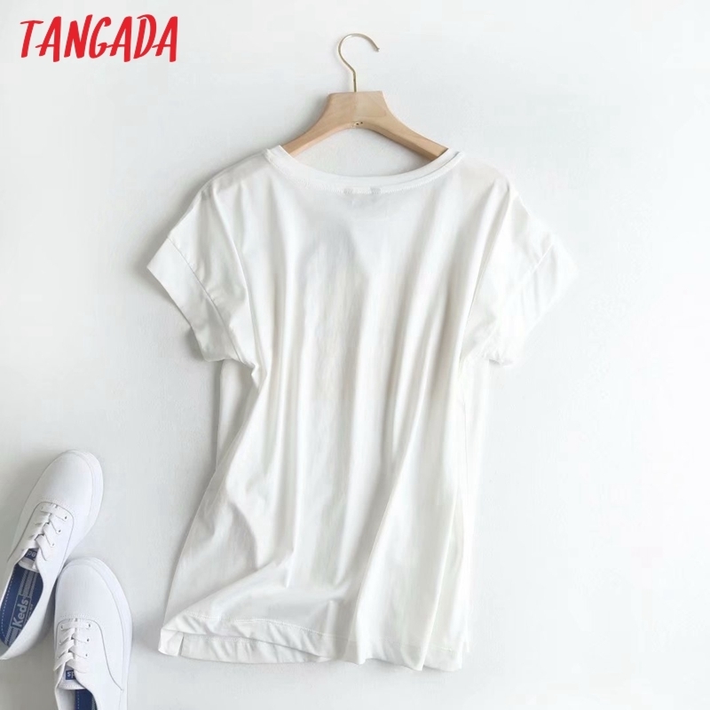 Tangada women print white cotton T shirt short sleeve O neck tees ladies casual tee street wear top 6D1 220714