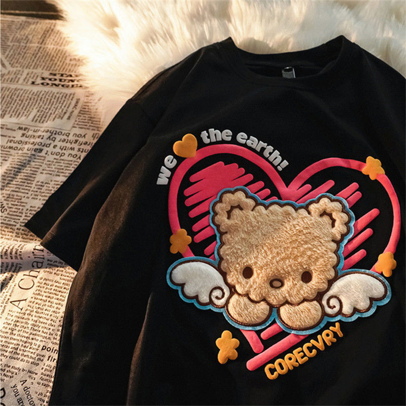 ins Heart Print Plush Bear Super Cute T Shirts Women Oversized Cotton Tshirts Summer Tees Fashion Female Vintage Tops 220321