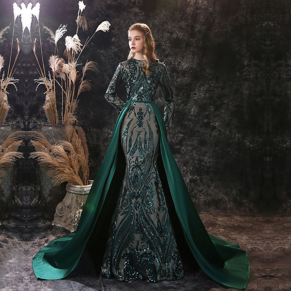 Hunter Green Gold Sequined One Shoulder Evening Dresses Luxury High Side Split Prom Gown with Detachable Train Long Formal Party Gown