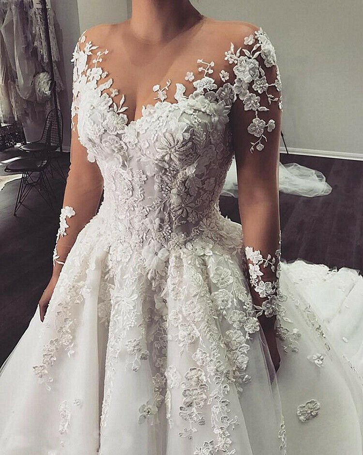 Romantic Floral Lace A Line Wedding Dress Sheer Long Sleeve Pearls Beaded Bridal Gowns Appliques Elegant Bride Ivory Tulle Country Wedding Dresses Rob