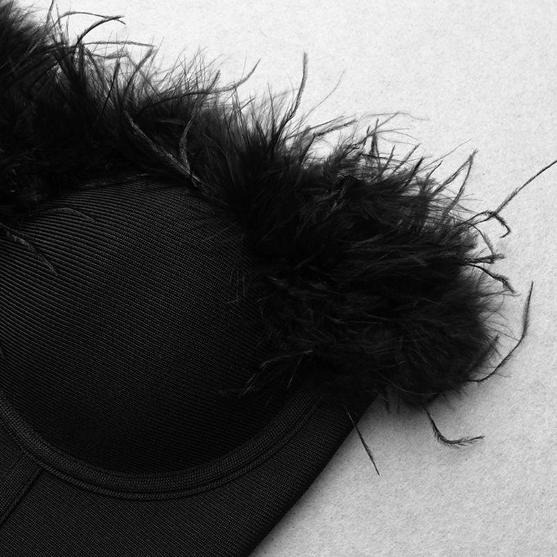 Summer High Quality Fashion Feather Strapless Black And White Bandage Top Night Club Short 220325