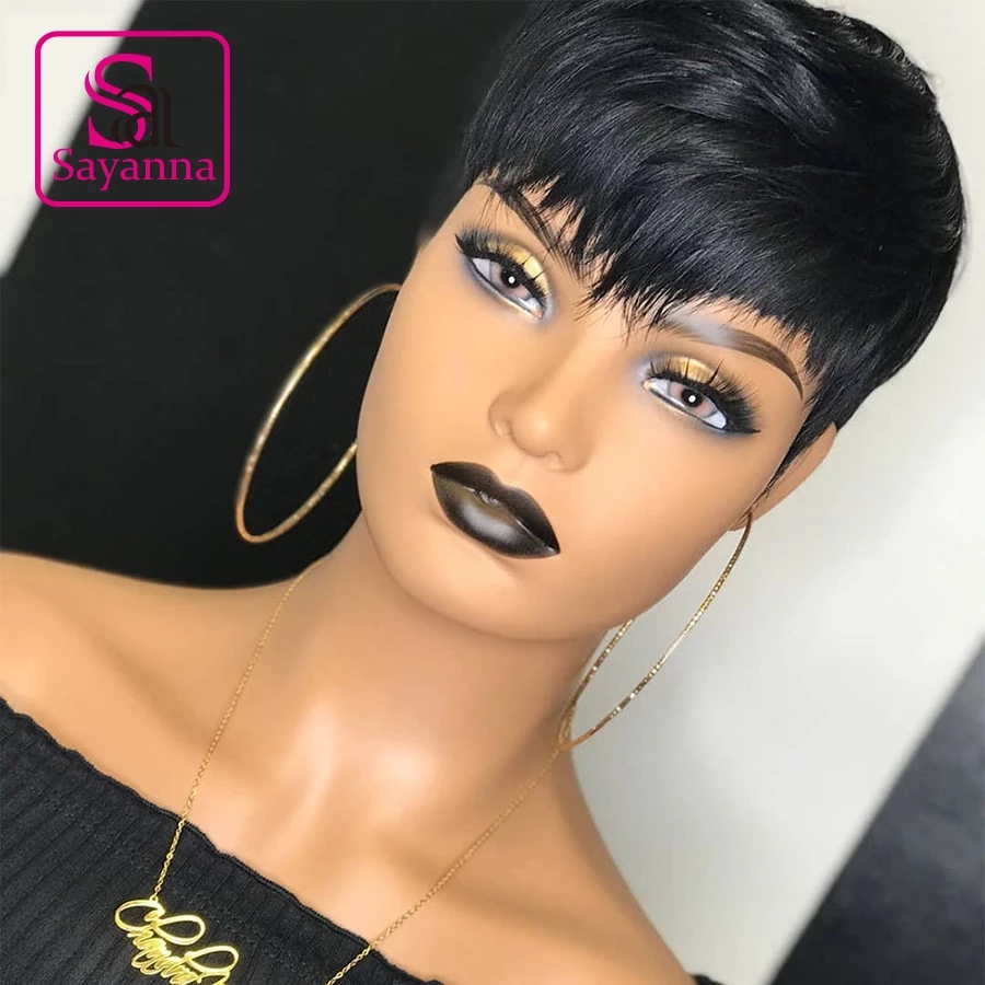 Short Bob Wavy Wig With Bangs Full Machine No Lace Wigs For Women Brazilian Straight Ombre Burgundy Human Hair Pixie Cut Wig