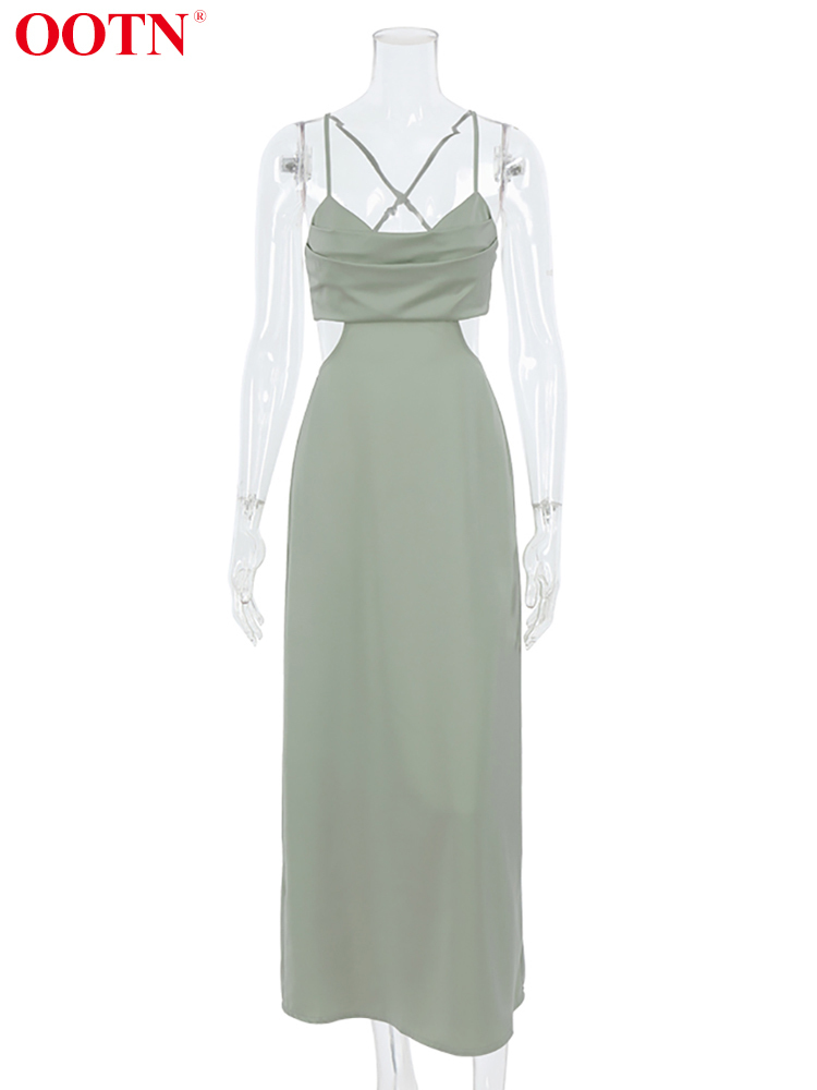 OOTN Sexy Summer Strap Women Long Dress Backless Satin Party Dresses Draped Collar Black Elegant A Line Sleeveless Sundress 220511