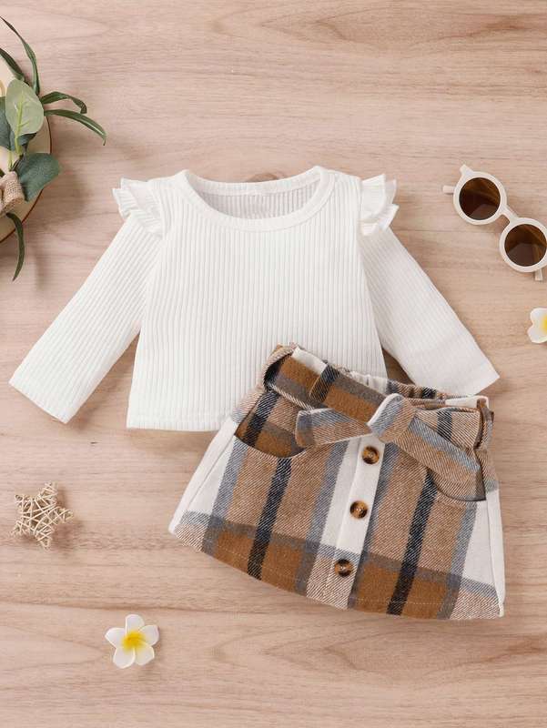 Toddler Girls Ruffle Trim Tee & Plaid Print Belted Skirt SHE