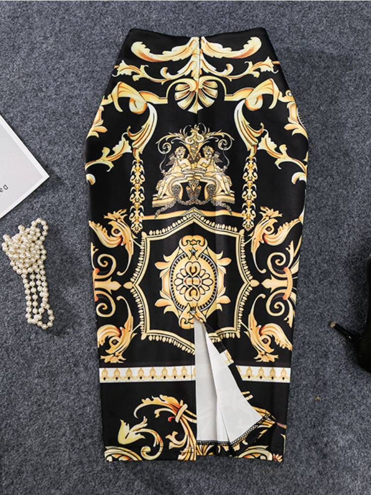 Coming European Women Summer Print Pencil Skirt High Stretch Abstract Pattern Midi Slip Hip Skirt Female 220711