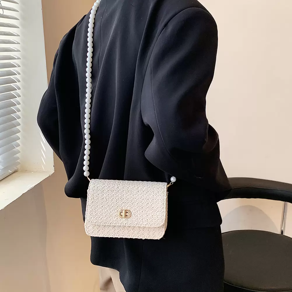 Vintage Ladies Straw Woven Shoulder Bag Women Pearl Chain Flap Messenger Bags Small Beach Handbags Women Summer Bags