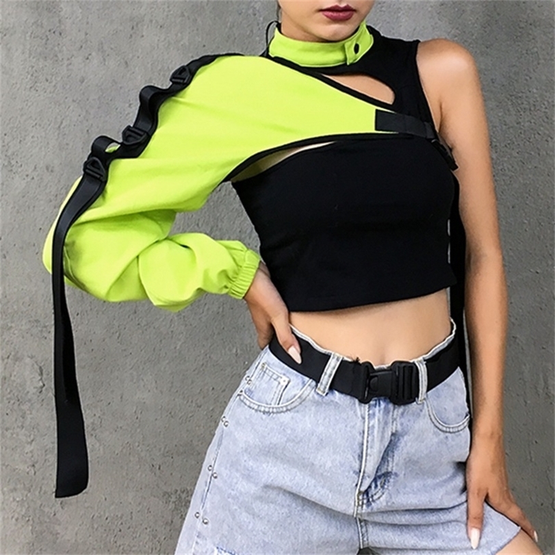 Cool Ladies Reflective Patchwork Ribbons Pullover Women One Shoulder Long Sleeve Choker Crop Tops Ultra Short Hip Hop Hoodies 220812