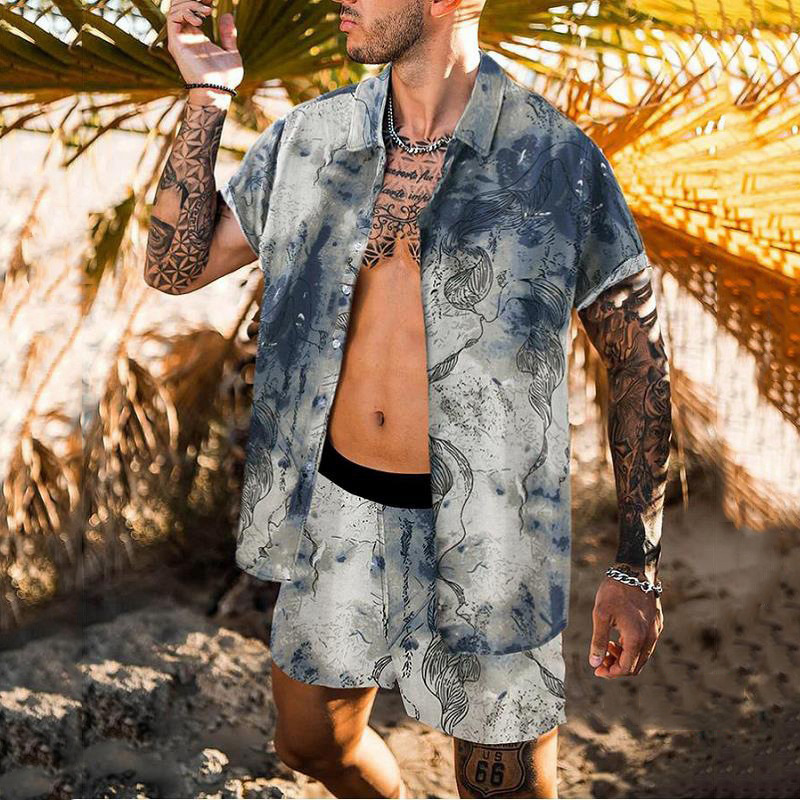 Trend Men Hawaiian Sets Summer Feather Printing Short Sleeve Button Shirt Beach Shorts Two Set Casual Trip Mens 2 Piece Suit 220615