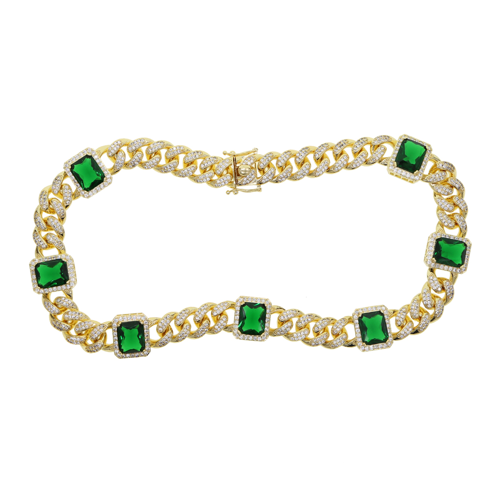 New Iced Out Hip Hop ice Dainty Miami Cuban Crystal Necklace Filled Green Blue Red Pink Baguette Cubic Zirconia