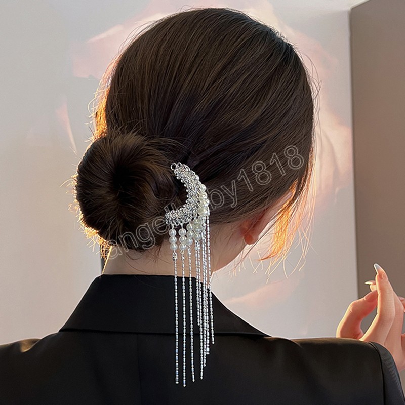 Fashion Metal Chinese Style Hair Stick Flower grace Hairpins Chopsticks Hairpin Long Tassel Pearl Hair Clip Women Hair Accessories