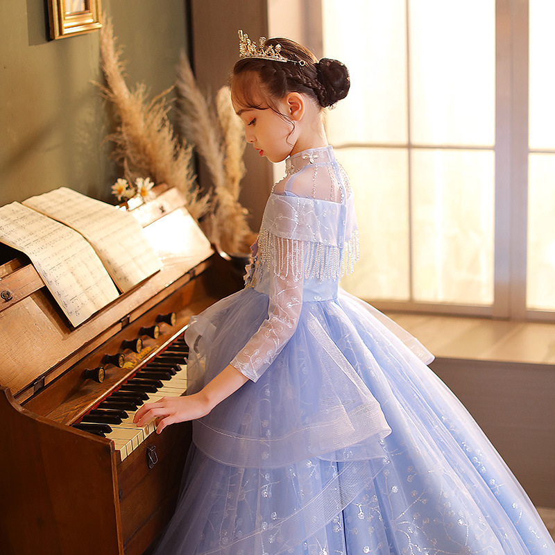 Vintage Flower Girls Dresses Sheer Neck Long Sleeve Hand Made Pageant Flowers Kids Formal Wear Hi Lo Satin Girl Dress for Wedding
