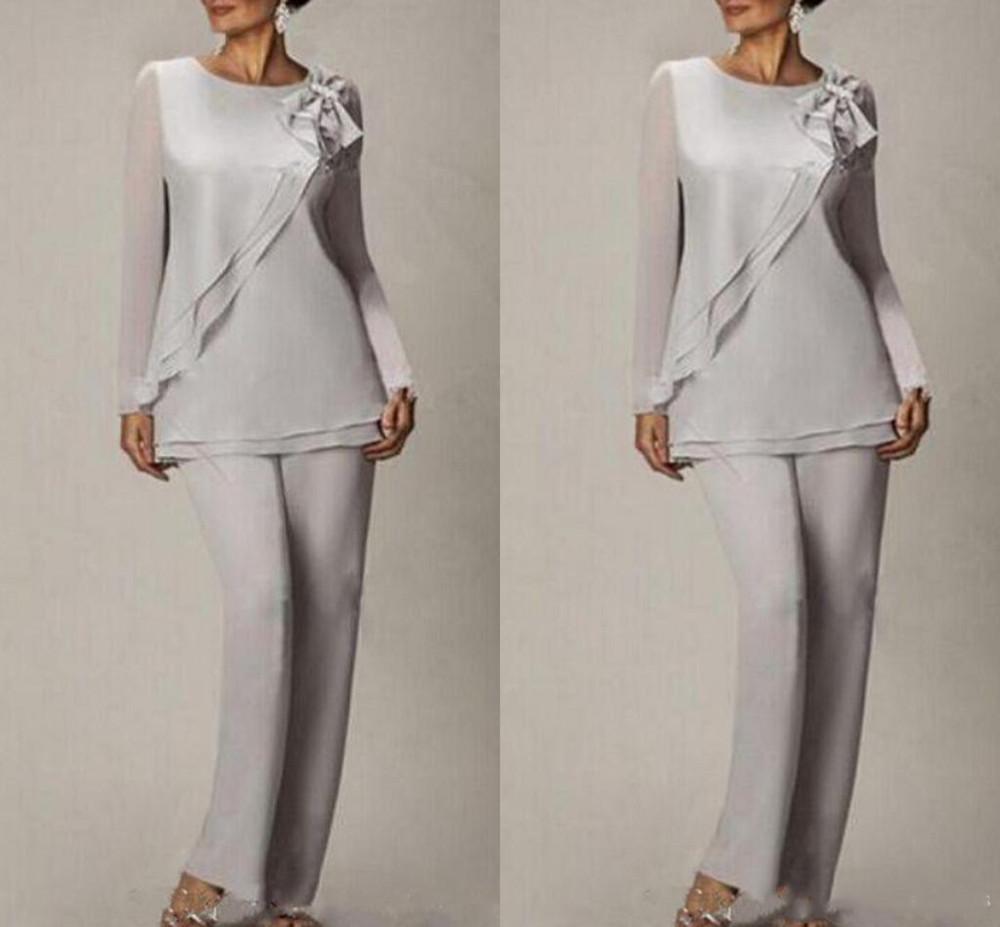 Silver Chiffon Summer Mother Of the Bride Pant Suits Two Pieces Long Sleeves Plus Size Wedding Mothers Guest Dress Custom Made