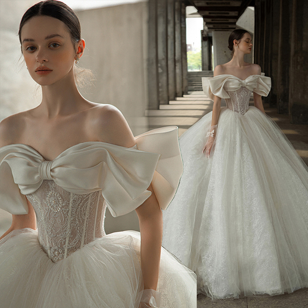 Princess Beige Bow A Line Wedding Dress Sweetheart Off The Shoulder Long Lace And Tulle Bridal Gowns Luxury Pearls Beaded Corset Bride Dresses Robe De