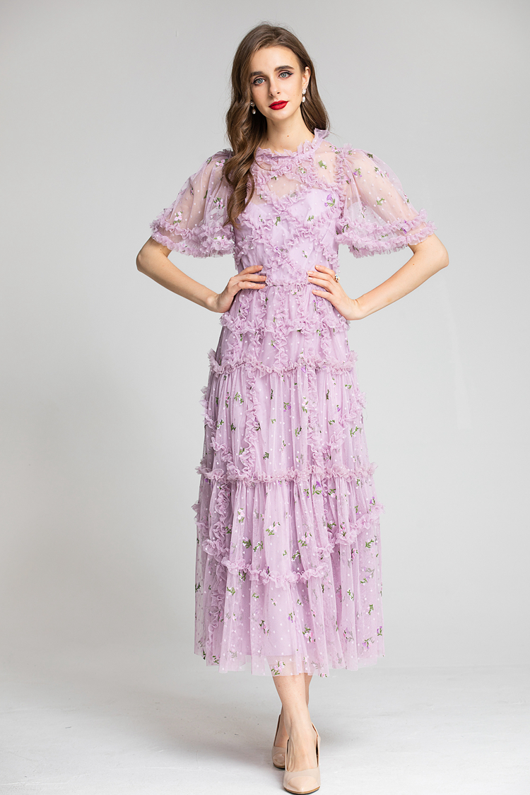 Women's Runway Dresses O Neck Short Sleeves Embroidery Ruffles Printed Elegant Long Party Evening Prom Gown