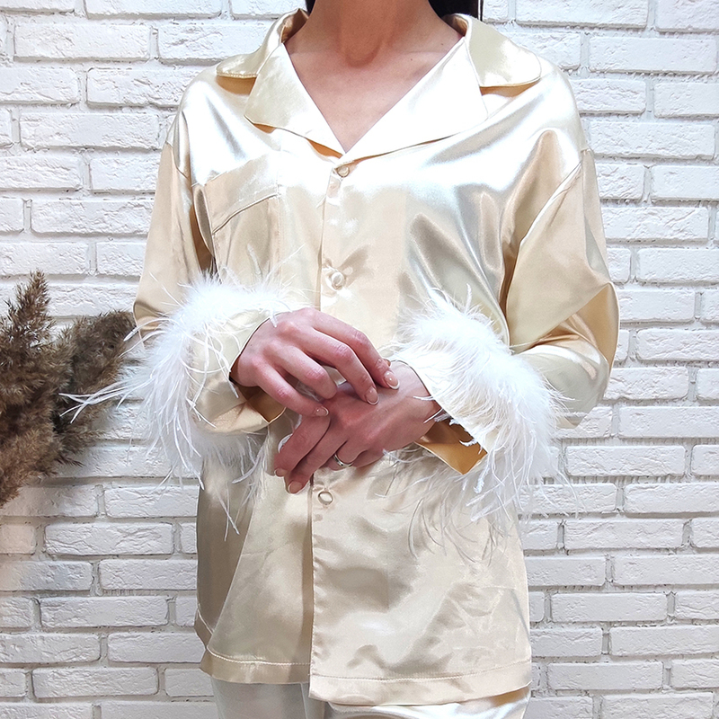 Restve Feathers Pajamas For Women 2 Piece Set Turn Down Collar Long Sleeve Tops Pocket Satin Suit Female Sets With Pants 220329