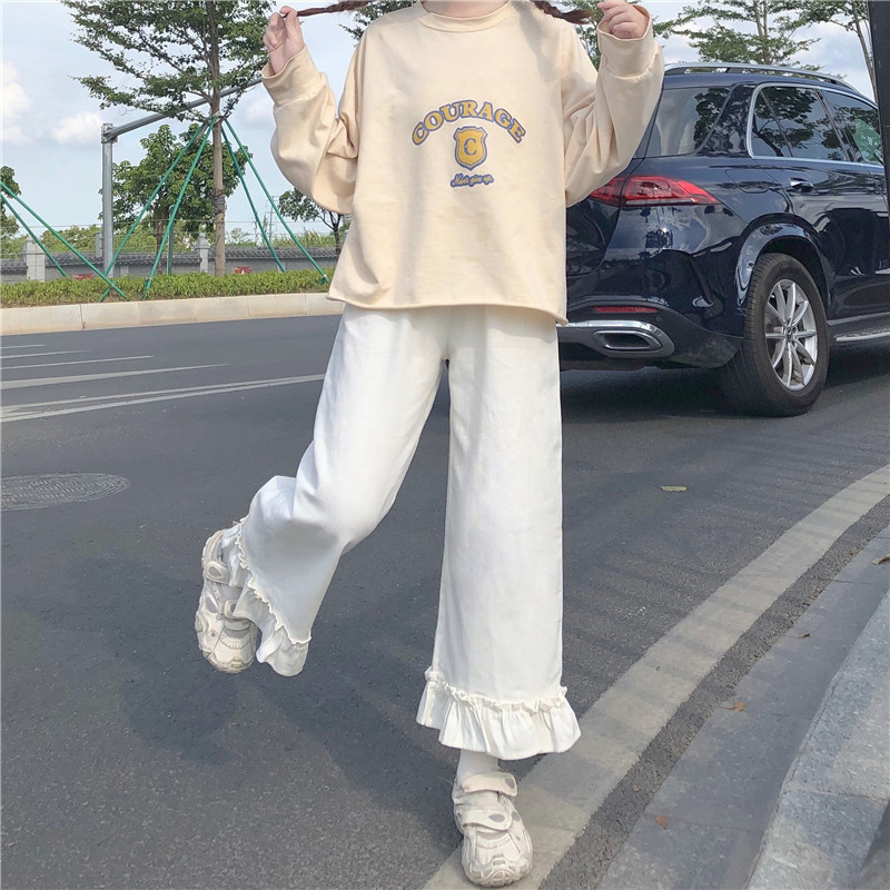 Japanese Kawaii Soft Girl Women Pants Sweet Ruffled Basis Wild High Waist Loose Trousers Elastic Casual Solid Student Pant 220325