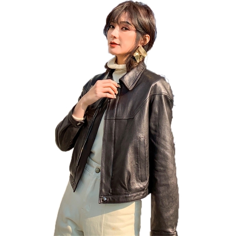 FTLZZ Spring Women Leather Jacket Lapel Zipper Short Pu Jacket Lady Slim Black Long Sleeve Biker Jacket Coat 220815