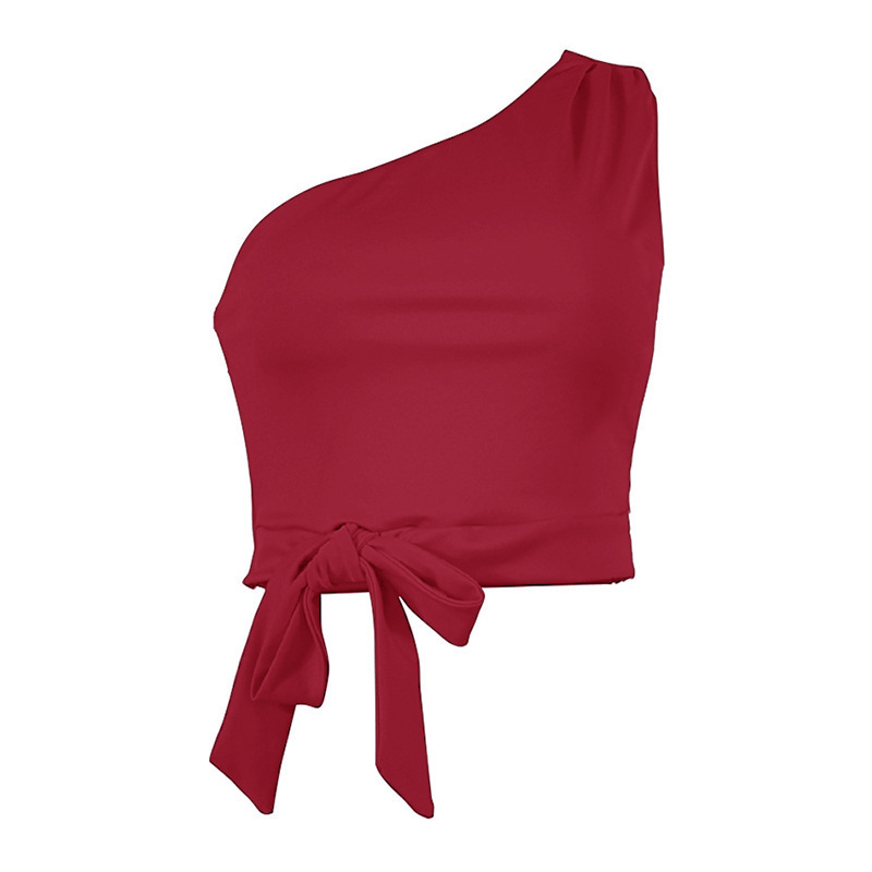 One Shoulder Summer Sexy Club Crop Top Sleeveless Women T Shirt White Black Skinny Lace Up Bandage Tank Casual 220325