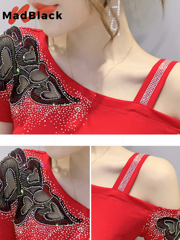 Summer Korean Style Cotton T-Shirt Chic Sexy Skew Collar Patchwork Mesh Love Shiny Diamonds Women Tops Short Sleeve Tees T16408A 220321