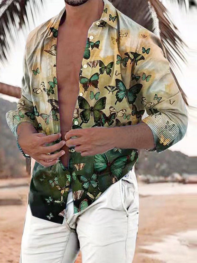 Spring Autumn Vintage Pattern Printed Shirt For Men Casual Loose Long Sleeve Shirts Mens Fashion Buttoned Lapel Tops Streetwear 220322