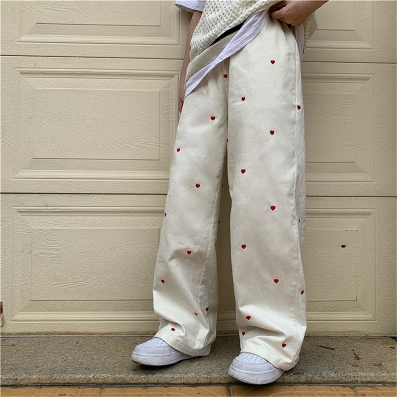 Women's Jeans Streetwear Casual Heart Shaped Embroidery Elastic Waist Vintage Baggy Straight Denim Trouser Mom Wide Leg Pants 220815