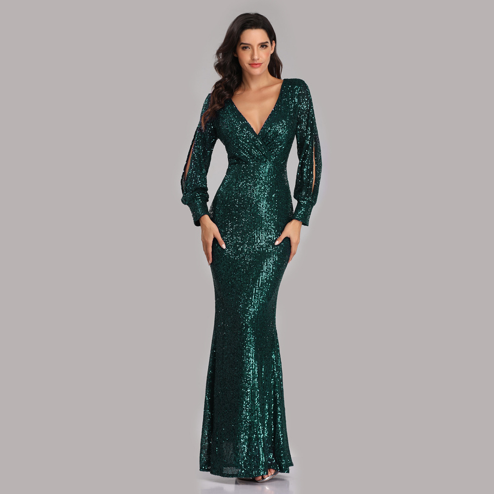 Plus Size Sequin Evening Dress 2022 Green Rose Gold Mermaid Long Prom Dresses Sexy V Neck Long Sleeve Night Formal Party Gowns Vestidos De Fiesta Robe