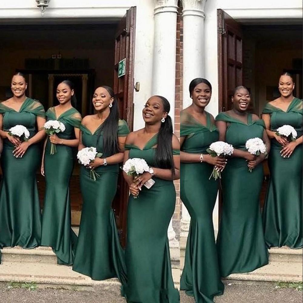 HOT Emerald Green Vintage Afican Bridesmaid Dresses Off Shoulder Satin Mermaid Long Floor Length Plus Size Wedding Guest Maid of Honor Gowns 2024