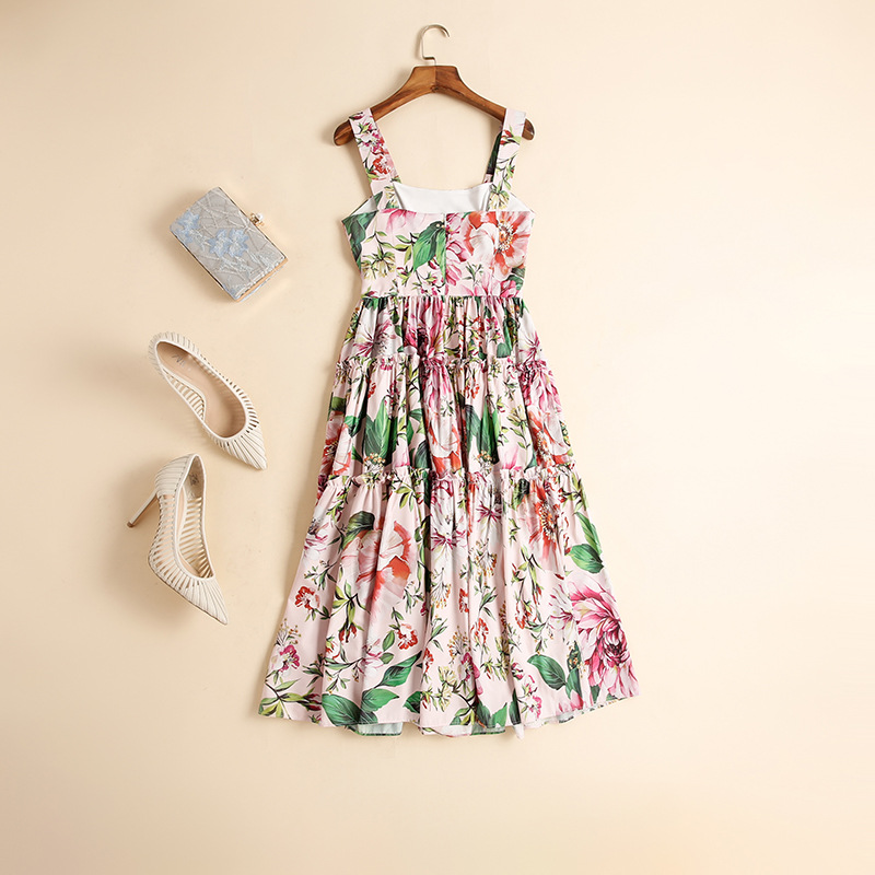 Women's Runway Dresses Spaghetti Straps Floral Printed High Street Tiered Fashion Holiday Dress